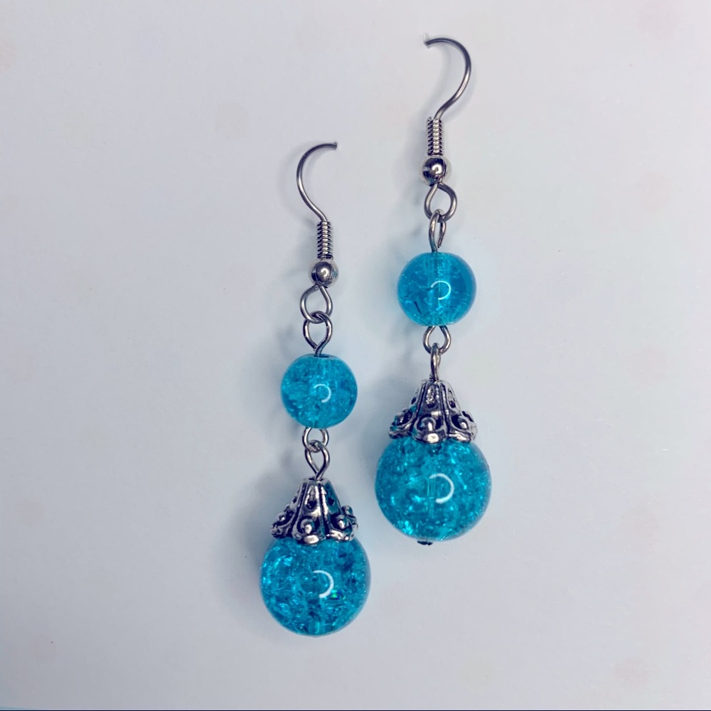Handmade Blue and Silver Beaded Earrings